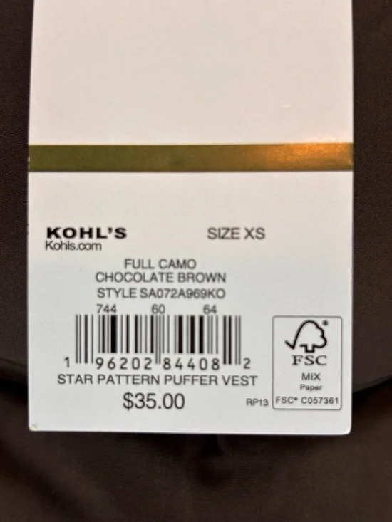 Madden Girl Star Quilted Puffer Vest Brown XS Zip Up NWT - Picture 11 of 12